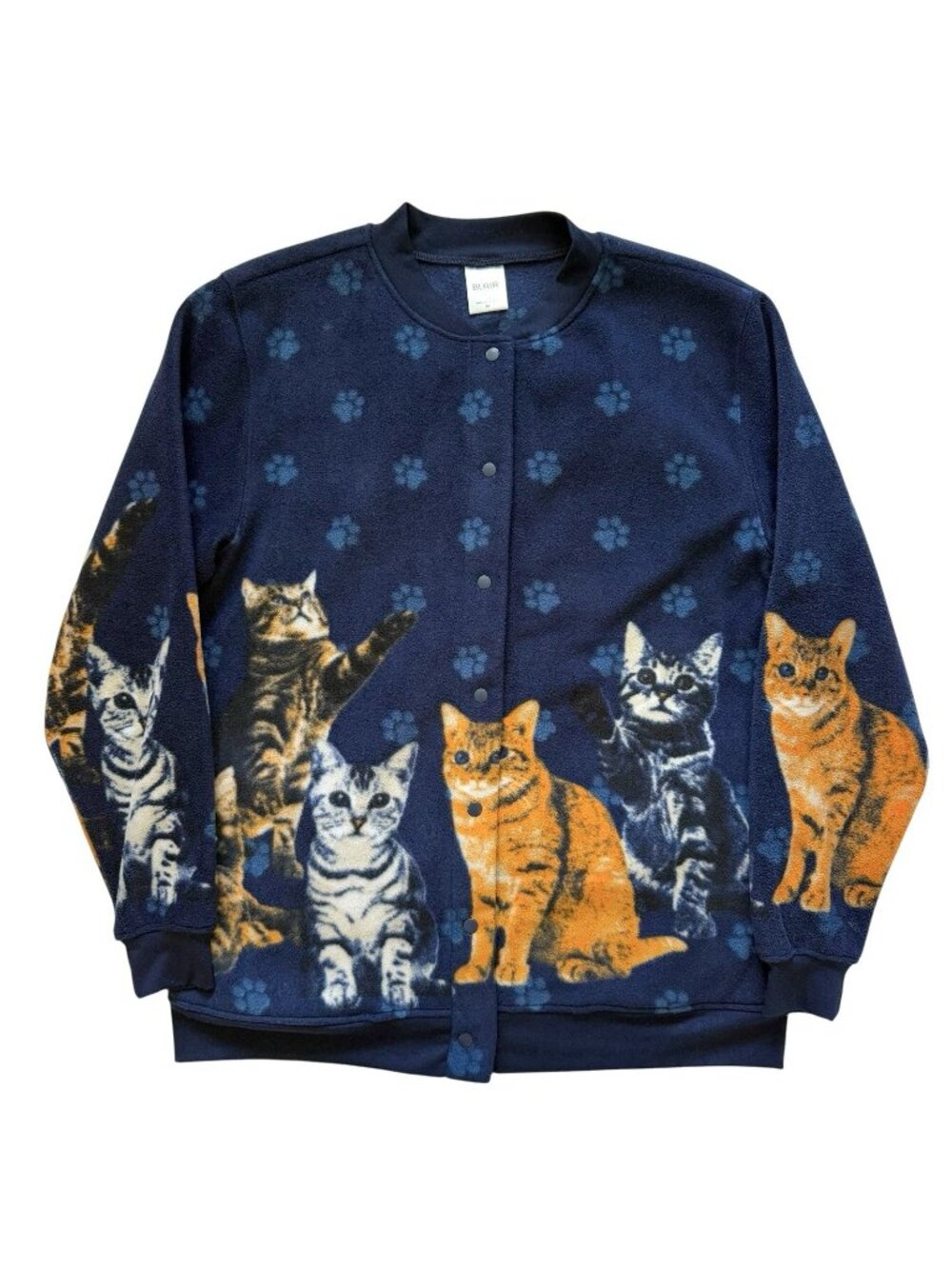 Blair Cats All Over Print Fleece Cardigan Sweater Blue Size Medium Cozy Grandma
